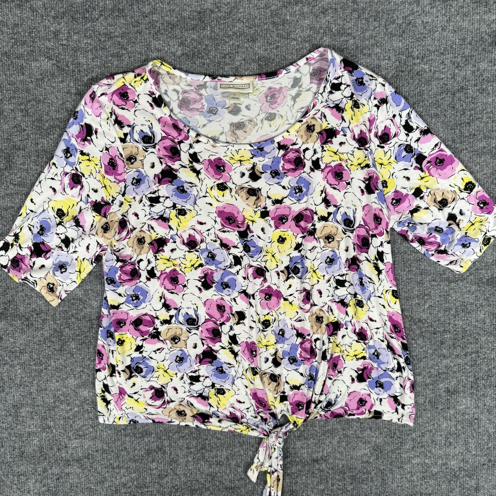 Dana Buchman Shirt Large Colorful Floral Print Tie Front 3/4 Sleeve Rayon Top - Picture 2 of 11